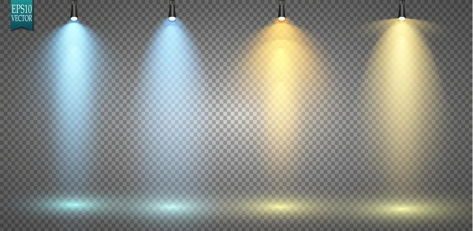 Set of colored searchlights on a transparent background. Bright lighting with Ilustração Stock