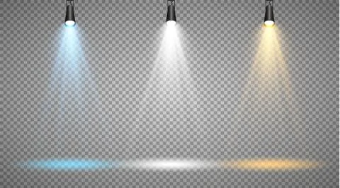 Set of colored searchlights on a transparent background. Bright lighting with Stock Illustration