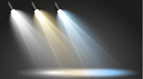 Set of colored searchlights on a transparent background. Bright lighting with Illustrazione stock