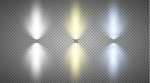 Set of colored searchlights on a transparent background. Bright lighting with Ilustração Stock
