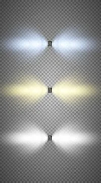 Set of colored searchlights on a transparent background. Bright lighting with Illustrazione stock