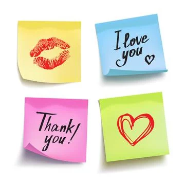 Set of colored sheets of note papers with text and signs. Vector illustration Stock Illustration
