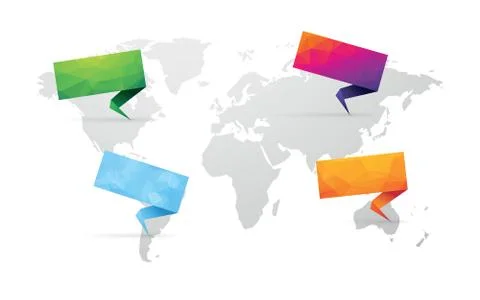 Set of colored sign with blue world map isolated Stock Illustration