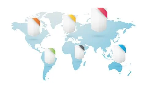 Set of colored sign with blue world map isolated Illustrazione stock