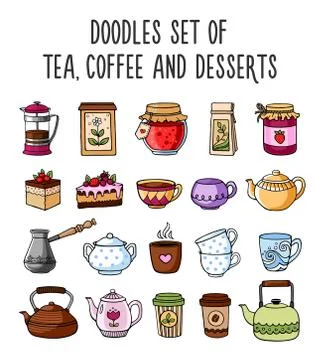 Set of colored sketches of teapots, cups, tea, coffee and desserts.  Stock Illustration