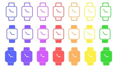 Set of colored smart watches icon. Wristwatch symbol. Sign wristband clock .. Stock Illustration