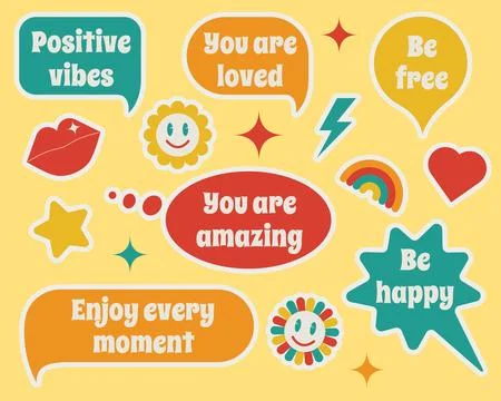 Set of colored speech bubble stickers with motivational quotes. Vector. イラスト素材