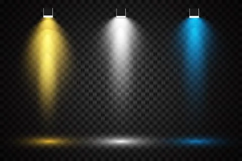 Set of colored spotlights on a transparent background. Bright lighting with Stock Illustration