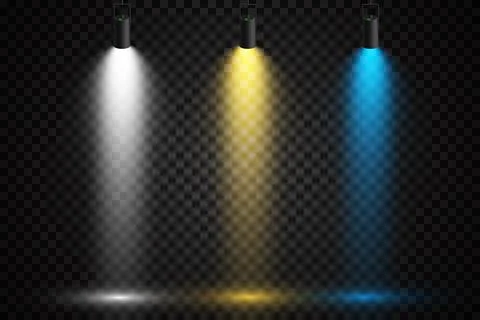 Set of colored spotlights on a transparent background. Bright lighting with Illustration
