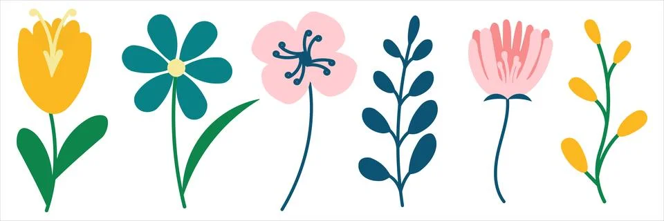 Set colored Spring Flowers elements plants garden Stock Illustration