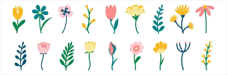 Set colored Spring Flowers elements plants garden Illustrazione stock