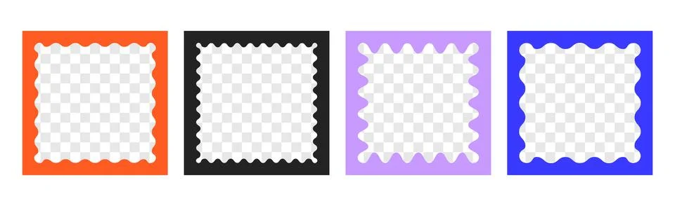 Set of colored squiggle photo frames, groovy wiggly borders with wavy scallop Stock Illustration