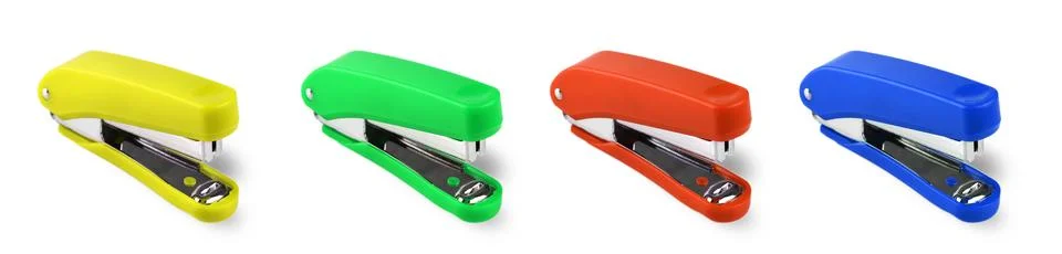 Set of colored stapler isolated on white background Stock Photos