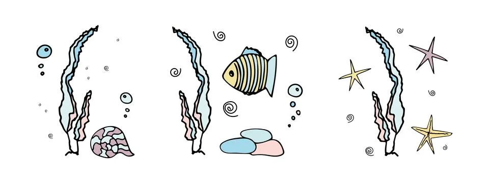 Set of colored starfish with wave, shell with air bubbles, fish near algae Illustrazione stock
