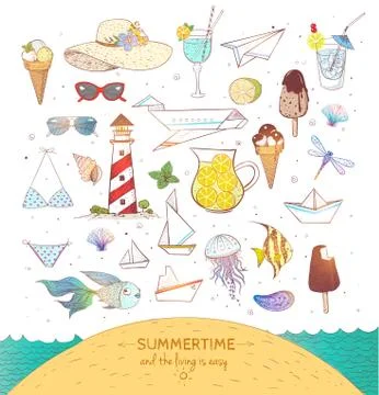 Set of colored summer doodle elements on white background Stock Illustration