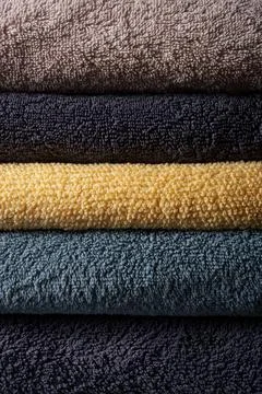 A set of colored terry towels. A stack of beautifully folded towels. Stock Photos