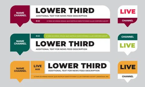 Set of colored vector lower thirds for news titles and credits, channel name  Stock Illustration