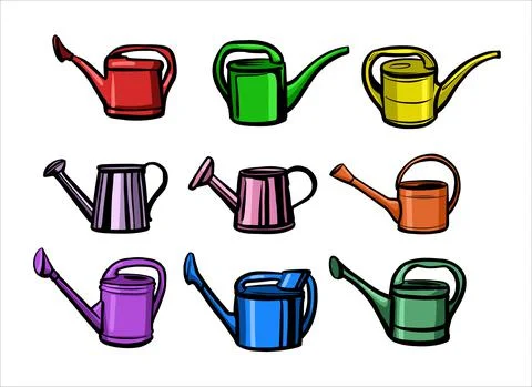 Set of colored watering cans, 9 pcs. Illustration on an isolated background. Stock Illustration
