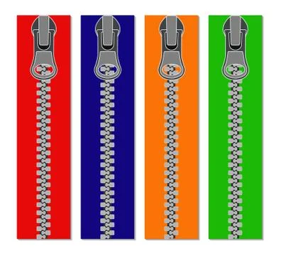 Set of colored zippers for clothes, vector illustration of zippers, realistic Stock Illustration