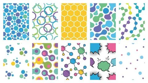 Set of colorful abstract patterns with circles hexagons and fluid shapes. 库存插图
