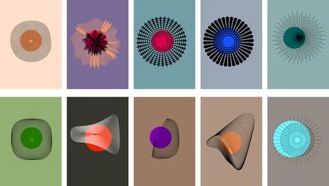 Set of Colorful Abstract Radial Patterns and Geometric Line Art Panels for .. Stock Illustration
