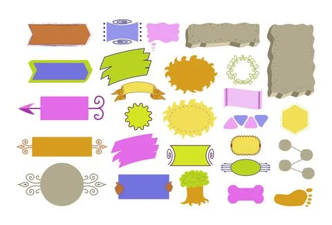 The set of colorful banners, frames and text areas hand drawn in vector. Stock Illustration
