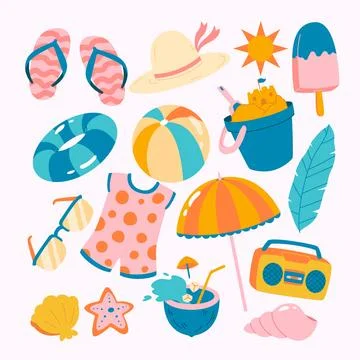Set of colorful bold summer elements or objects collections: food, drinks, .. 스톡 일러스트
