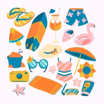 Set of colorful bold summer elements or objects collections: food, drinks, .. 스톡 일러스트