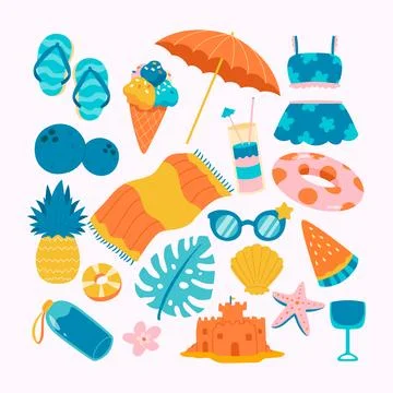 Set of colorful bold summer elements or objects collections: food, drinks, .. 스톡 일러스트