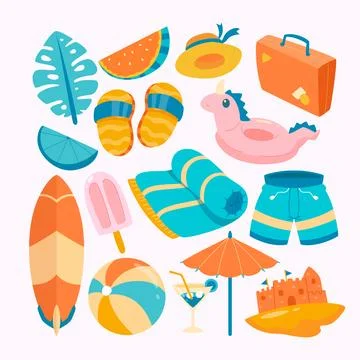 Set of colorful bold summer elements or objects collections: food, drinks, .. Stock Illustration