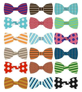 Set of colorful bow ties with different patterns in flat vector style Stock Illustration