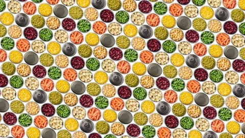 Set of colorful cans with vegetables in a loop Stock Footage 221463907