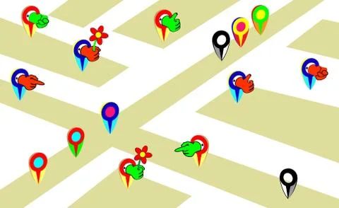 Set of colorful cartoon map pointers. Multicolored with hands. Vector Illustrazione stock