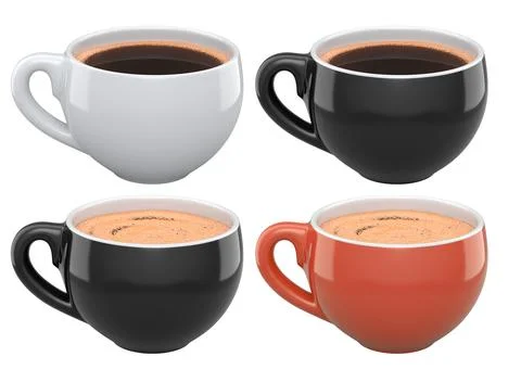 Set of colorful ceramic coffee cups with hot drinks, glossy style isolated .. Stock Illustration