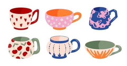 Set of colorful ceramic cups with various patterns like hearts, flowers Illustrazione stock