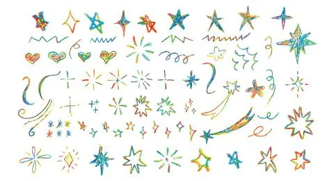 Set of colorful chalk drawing elements. Shine or sparkle, hearts and stars Stock Illustration