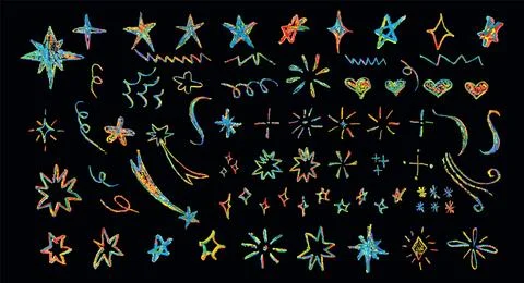 Set of colorful chalk drawing elements. Shine or sparkle, hearts and stars Stock Illustration