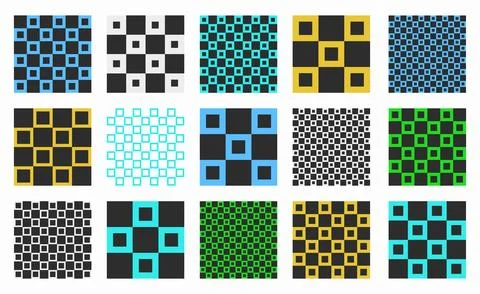Set of colorful checkered patterns with geometric linear squares. Grid and .. Stock Illustration