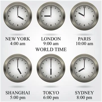Set of colorful clock icon,world time concept. Illustrazione stock