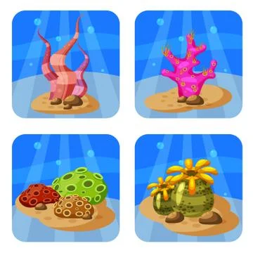 Set of colorful corals and algae on a blue background. Natural underwater vector Illustrazione stock