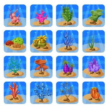 Set of colorful corals and algae on a blue background. Natural underwater vector Illustrazione stock