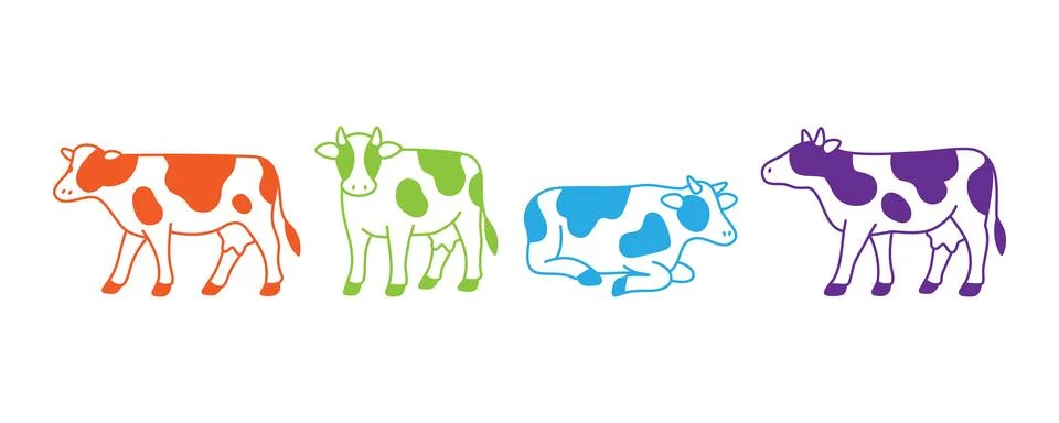 Set of colorful cows in different poses, Flat vector farm animal illustration Stock Illustration