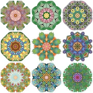 Set of colorful cute Mandalas. Decorative unusual round ornaments. Stock Illustration