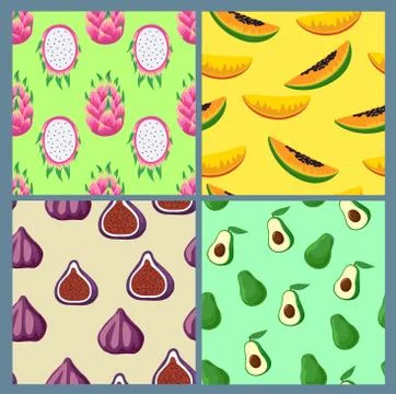 Set of colorful cute patterns with exotic, tropical fruits, dragon fruits Stock Illustration