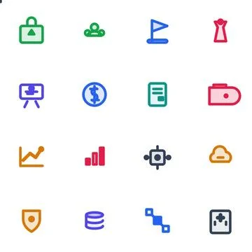 Set of Colorful Digital Icons Representing Business Strategy and Technology.. Stock Illustration