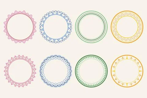 Set of colorful doodle circle frames with floral and geometric borders 库存插图