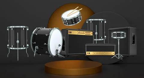 Set of colorful drums and amplifiers float mid-air above a circular podium,.. Ilustração Stock