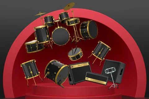 Set of colorful drums and amplifiers float mid-air above a circular podium,.. Stock Illustration