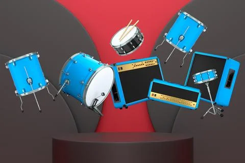 Set of colorful drums and amplifiers float mid-air above a circular podium,.. イラスト素材