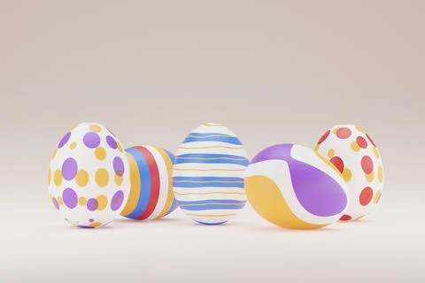 Set of colorful easter egg on beige background. Happy easter 3d render illust イラスト素材